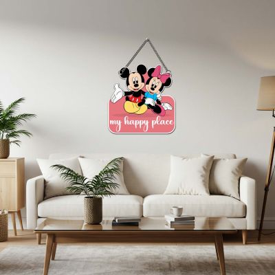GIFTMEBAZAR My Happy Place With Mickey Mouse Cartoon Theme Wooden Wall Hanging For Home, Living Room & Office Decor Wall Art Modern Decor Item